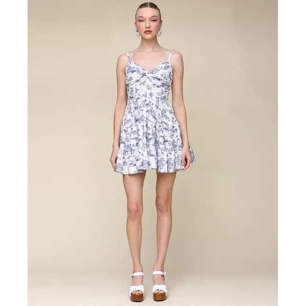 Avec Les Filles Savanna Toile Mini Dress Navy Cream Linen Blend Corset Back 12